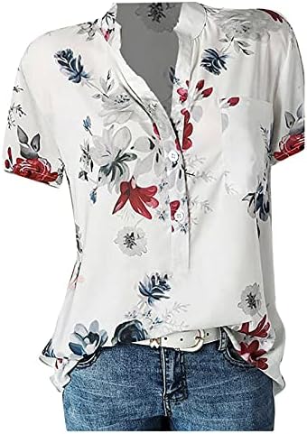 Вончеи кошули со кратки ракави за жени кои се случајни печатени V вратот со кратки ракави со кратки ракави, пулвер за лабава одмор