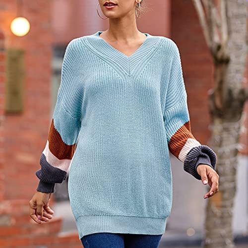 Темперамент за џемпер на женски кукавички врат v- врат лабава договор за крпеница во боја џемпер теринг со долг ракав
