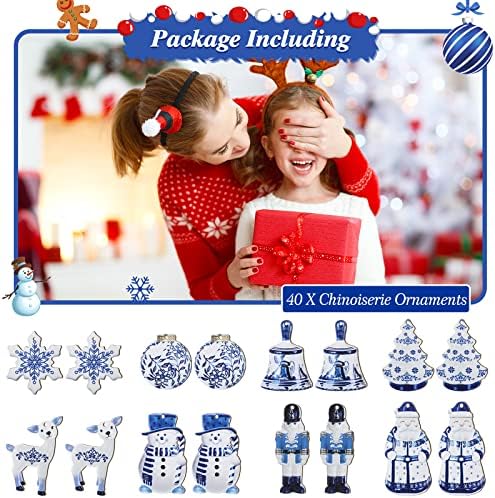 40 парчиња двострани чиносерии дрвени украси Божиќни сини и бели порцелански украси чајник Дедо Мраз Божиќни украси