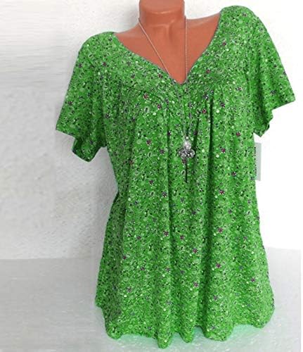 Врвови за кратки ракави за жени, V вратот плус големина на врвови за жени печати маици со краток ракав лабави летни врвови кошули