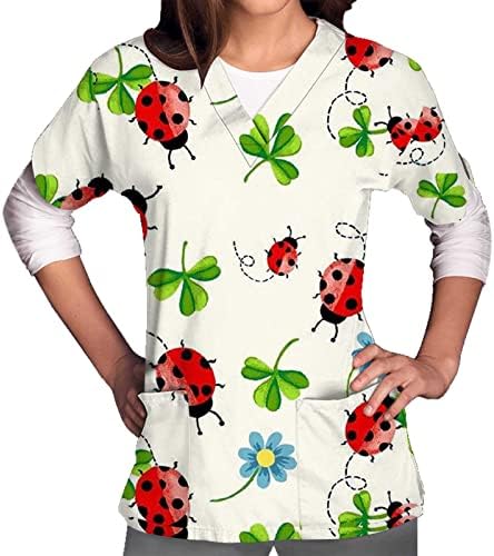 Летна есенска блуза дама за кратки ракави облеки V вратот графички чиста маица за девојчиња со џебови 27 27