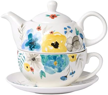 Чај од порцелански чај за еден, рачно насликан акварел цветни чајници и сет на чаши, цветаат цвеќиња