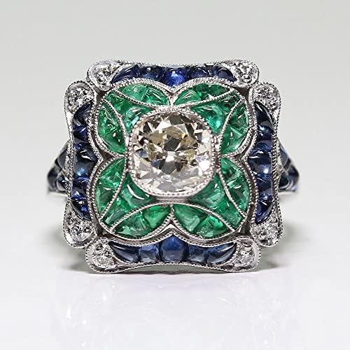 Имитација 925 Стерлинг сребрен гроздобер смарагден прстен сина сафир бел топаз вечен прстен дами свадба моден накит големина