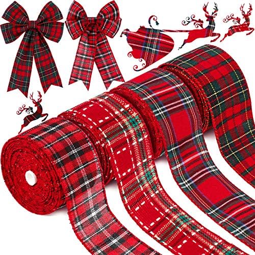 4 ролни Божиќни црвени карирани панделки карирани жичен раб ленти за завиткување Тенки карирани ленти ленти тартан карирана лента