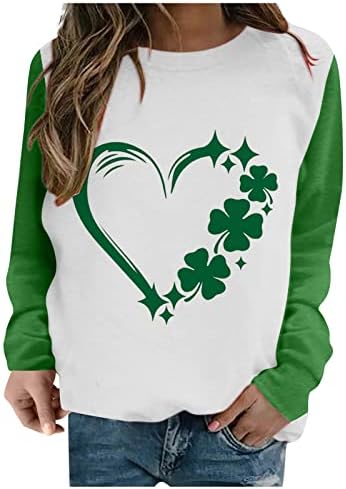 Womenените Св. Патрик, џемпери на ден, симпатични графички џемпери со долги ракави екипаж пуловер пад на врвот среќен празници кошула