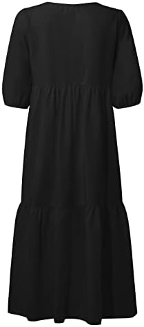 Ndvyxx женски памучен постелнина плус големина нивоа максичен фустан обичен ракав ракав ракав екипаж вратот лабава замав фустани