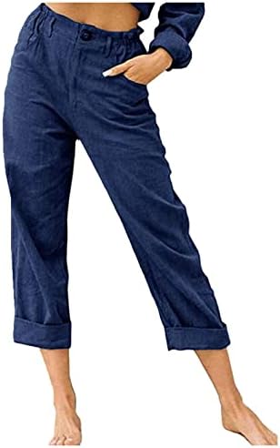 Селански панталони за жени летни ленени ленени шорцеви 3/4 џемпери капри панталони еластични половини исечени харем панталони