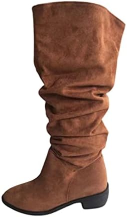 Women'sенски колено високи чизми Класичен велур, бучен блок -потпетица, тркалезна пети, завиткана од каубојка со средно возење чизми за возење