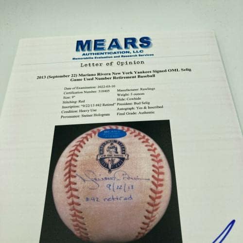 Историска Маријано Ривера Ден потпишана игра користена бејзбол mears & Steiner COA - MLB автограмирана игра користена бејзбол