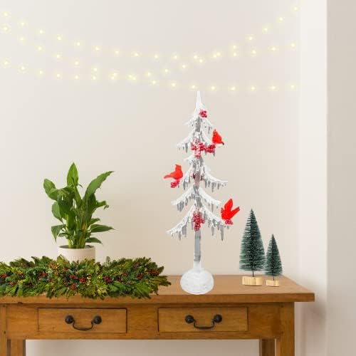 Божиќна декорација на мразно дрво со кардинали, осветли декор за одмор со бел сјај и птици, 18 инчи