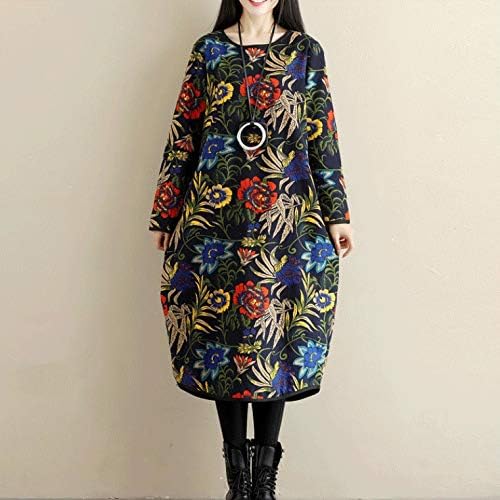 Zsqaw задебелен руно есенски зимски фустан печати цветни гроздобер жени фустан плус големина лабава миди случајна облека облечена
