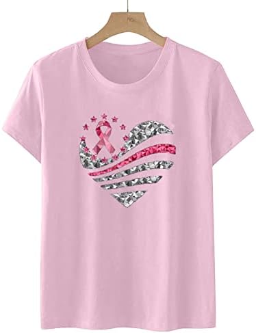 Розови бранч врвови дами кратки ракави екипаж вратот спандекс срце heartубител на срце, печати рак на дојка, свесност за врвови маици