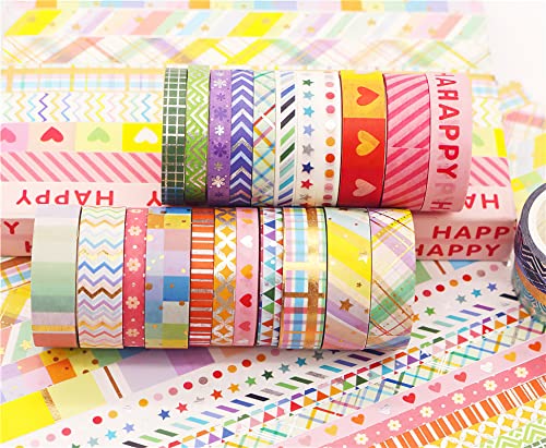 Luxianda 27 Rolls Rainbow Slim Washi Tape Set, 5/10 mm широк, светла разнобојна декоративна шема, јапонски декор за маскирање на