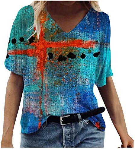 Bmisegm женски маички лактот ракав памучна маица ирисцентна мека лето V вратот Обичен полу ракав кошула
