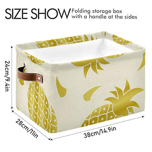 Правоаголна корпа за складирање Тропски ананас златно платно ткаенина со рачки - квадратни корпи за складирање за перење, полици, корпа за