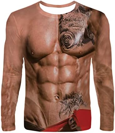 Мажите мускули печатени маица со долги ракави, случајна смешна шема врвови маица маица со долги ракави за мажи за мажи