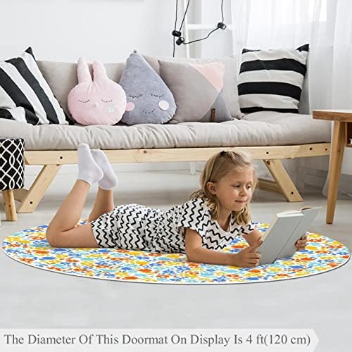 Llnsupply 4 ft круг килим за игра со низок куп, жолто сино симпатично цвеќе бебе, ползи подни душеци игра игра ќебето новороденче