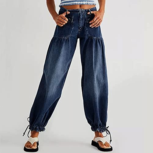 Баги фармерки за жени со висока половината со широки нозе, панталони, лабава, вклопена плетена гроздобер 90 -тина панталони со дното на улична
