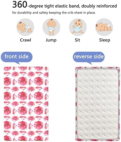 Розови цветни тематски опремени мини чаршафи, преносни мини чаршафи за креветчиња за деца со постелнина за креветчиња за девојчиња или