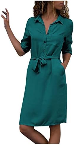 Fragarn дами обични 3/4 ракав со цврста боја кошула пулвер копче за врзување на средниот фустан на половината