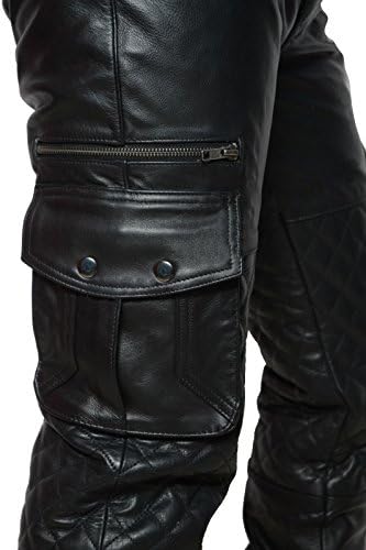 III - Мода Машки Моторџиски Панталони Вистинска Кожа Ватиран Товар Повеќе Џебови Црни Мотоцикл Панталони
