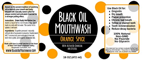 Црно масло миење на устата за влечење на масло, сладок портокаловен зачин, 16 мл, w/моќен ксилитол и активиран јаглен