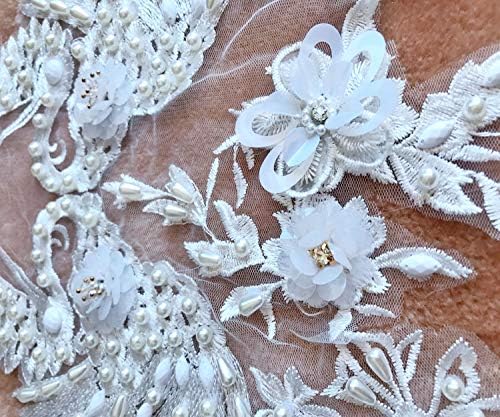 Бела гроздобер свадбена чипка апликација со брада 3D цвет чипка мотив со ринстон бисер за везење шие на невестински фустани