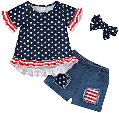 Qlipin 4 -ти јули јули Девојче девојче облекува четврти јули Ден на фустан Ден на независност Постави американска кошула со знаме+искинато