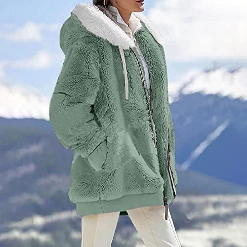 Дасеис, женски зимски факс, стрижење на надворешната облека, топла качулка, патент во боја, нејасна руно јакна Шерпа со џебови
