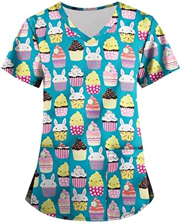 Среќни Велигденски кошули за жени зајаче графички краток ракав Туника врвови за обична празнична блуза униформа со џебови