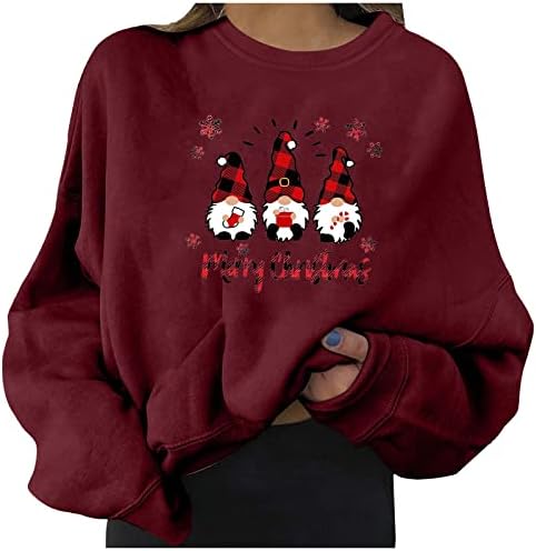 Christmasенски женски божиќни божиќни џемпери на долги ракави на врвот, есен и зимски обичен тркалезен врат печатен пулвер