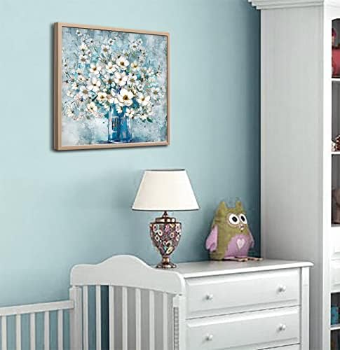 Спална соба декор wallидна уметност, врамена wallидна уметност, сина вазна и бела цветна wallидна уметност дизајнирана од уметници, виси