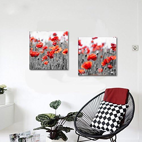 Декор добро - црвени афиони во сиво цветно поле платно wallидна уметност печатење, модерен сет на црвени и сиви декор од 2