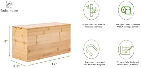 Пробрка дома - кутија за складирање во бамбус со корица, 17 x 9 x 6,5 , погоден за 6 ролна тоалетна хартија Супер мега големина