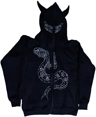 Понитрак y2k rhinestone Естетска графика Devil Snake Zip Hood Sweatshirt Harajuku goth преголем худи гранџ емо емо