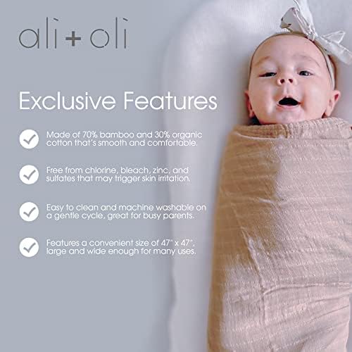 Али+Оли Муслин Свадл ќебе со голема големина 47 x 47 меко бамбус и органско памучно ќебе за муслин, примање на ќебето за новороденче