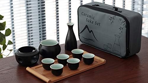 DLTSLI Ceramic Sake Set + Bamboo Tray Tray Turmer Pot, Porcelain Stovetop Hot Saki Drink Shoth, 10 парчиња Поставете 1 шпорет 1 сад за