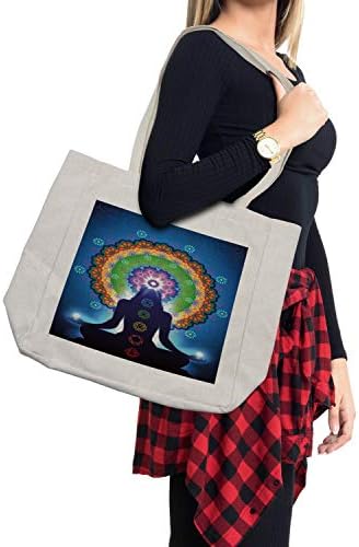 Амбесон, шарена торба за купување, силуета на жена што прави јога со вертикални ефекти за мешање и мотив за мирот на мрежата, еколошка