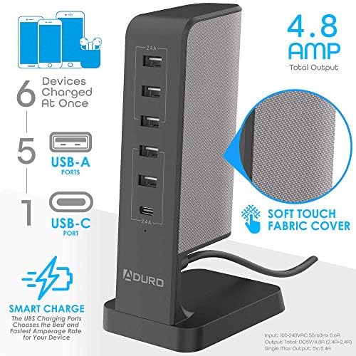 Станица за полнење на USB Aduro за повеќе уреди [Powerup Flair] Десктоп Брз полнач со 6-порта USB-центар за iPhone ipad таблети паметни телефони