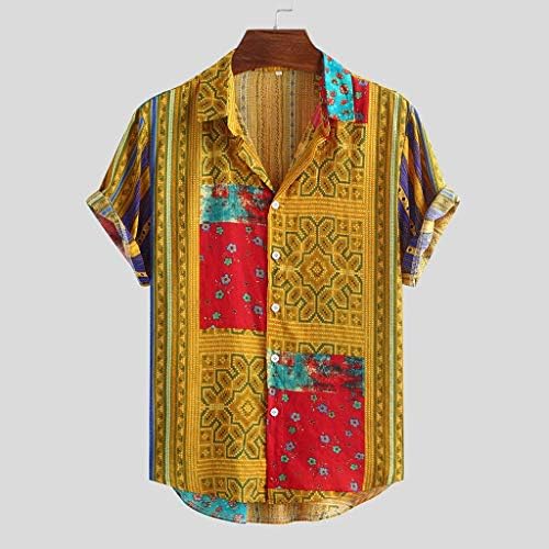 Овермална машка шарена лента летен краток ракав лабава копчиња Обична кошула блуза