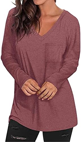 Женски врвови удобни обични џемпери со долги ракави, пад на основните маици, туничен пуловер лабава блуза со џебови со џебови