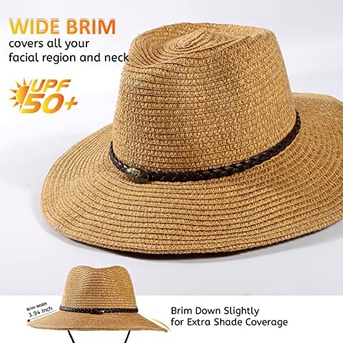 Womenените слама сонце капа за мажи каубојски стил градина upf 50+ широка летна капа со ветерници