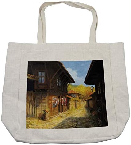 Амбесон Гроздобер торба за купување, дрвени куќи од средна возраст во есенска сезона Османлиски балкан традиционален стил печатење, еколошка