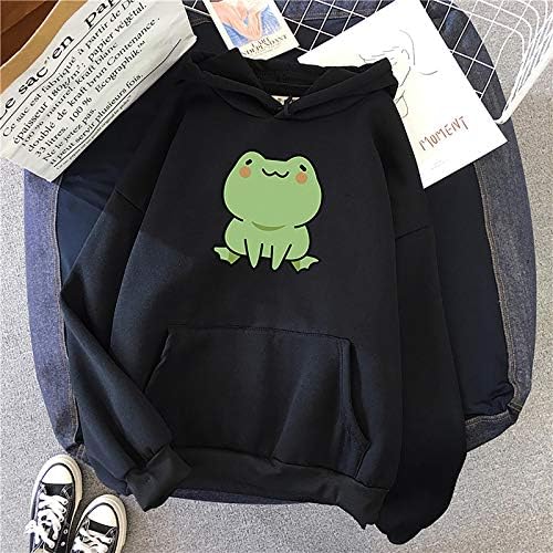 Women'sенски пролетни врвови 2023 Цртани филмови Frog Print Suede Crewneck Pullover Hoodie Sweatshirt Top Valentines Builds