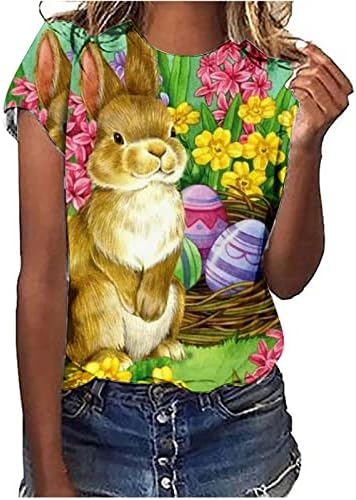 Маици за жени лето смешно зајаче зајаче кошула Велигденски случајни кратки ракави празнични врвови на врвови