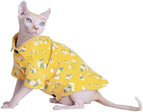 Маици за мачки без влакна дише лето памук жолти кошули затворање на копчето Спуштете ја јака цветна печатена облека мачка облека елек