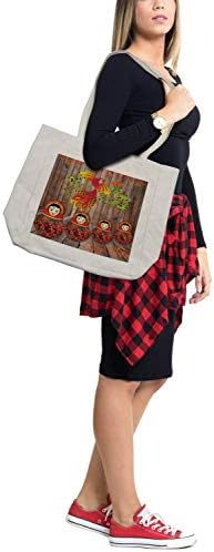 Етничка торба за етничка за купување, фолклорна слика со традиционални руски доли и цветни украси на птици на дрвена, еколошка