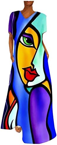 Жените Макси Долг Фустан Гроздобер Цветни Печати Краток Ракав V - Вратот Повик Лабава Миди Фустан Плус Големина Sundress S-5XL