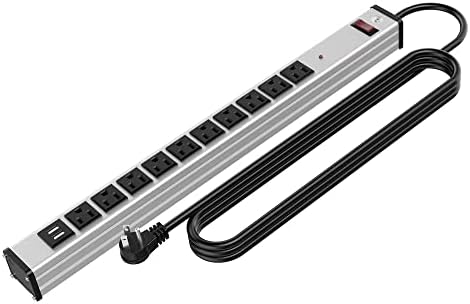 Oviitech 10 Излез Тешки метал Приклучок моќ лента СО USB порти, 6-Метарски Долг Продолжен Кабел со 15 Прекинувач 1800 Џули, Монтажа Загради