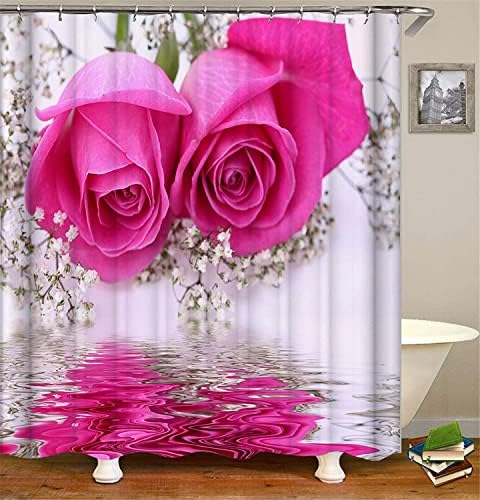 XVWJ 4PCS Розова Роза Бања Сетови Со Туш Завеса И Килим, Капакот На Тоалетот Покрие, Бања Мат, 3D Вода Розова Цветни Туш Завеси за Бања